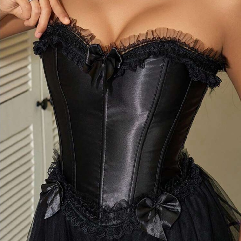 Black Strapless Satin Corset Top with Lace & Bow Accents